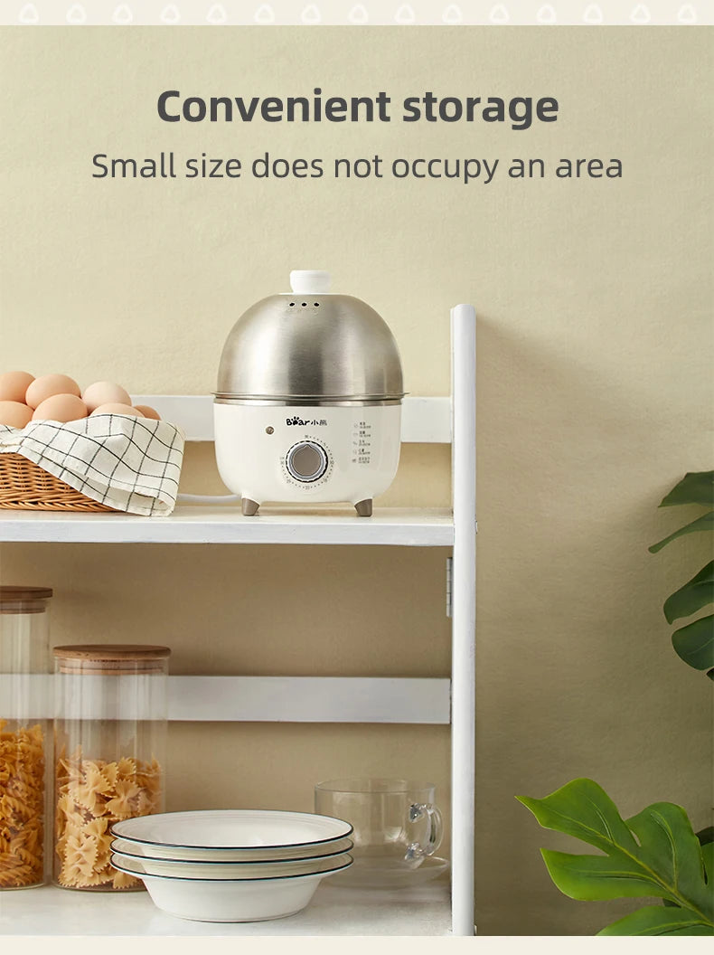Showlu Smart Electric Egg Boiler in stainless steel, 360W, with a timer for boiling 4-6 eggs, compact and efficient kitchen appliance.