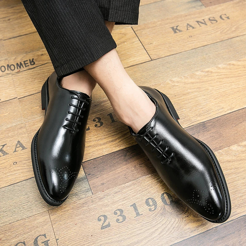 Black men's brogue shoes with red soles, lace-up formal business shoes by Showlu Fashion Store, detailed leather design.
