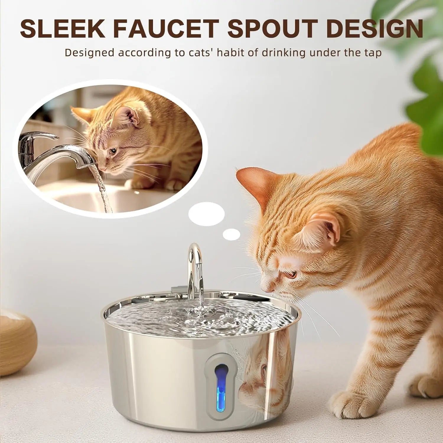 Stainless steel OYES cat water fountain with 135oz capacity showing a sleek, automatic pet water dispenser with flowing water.