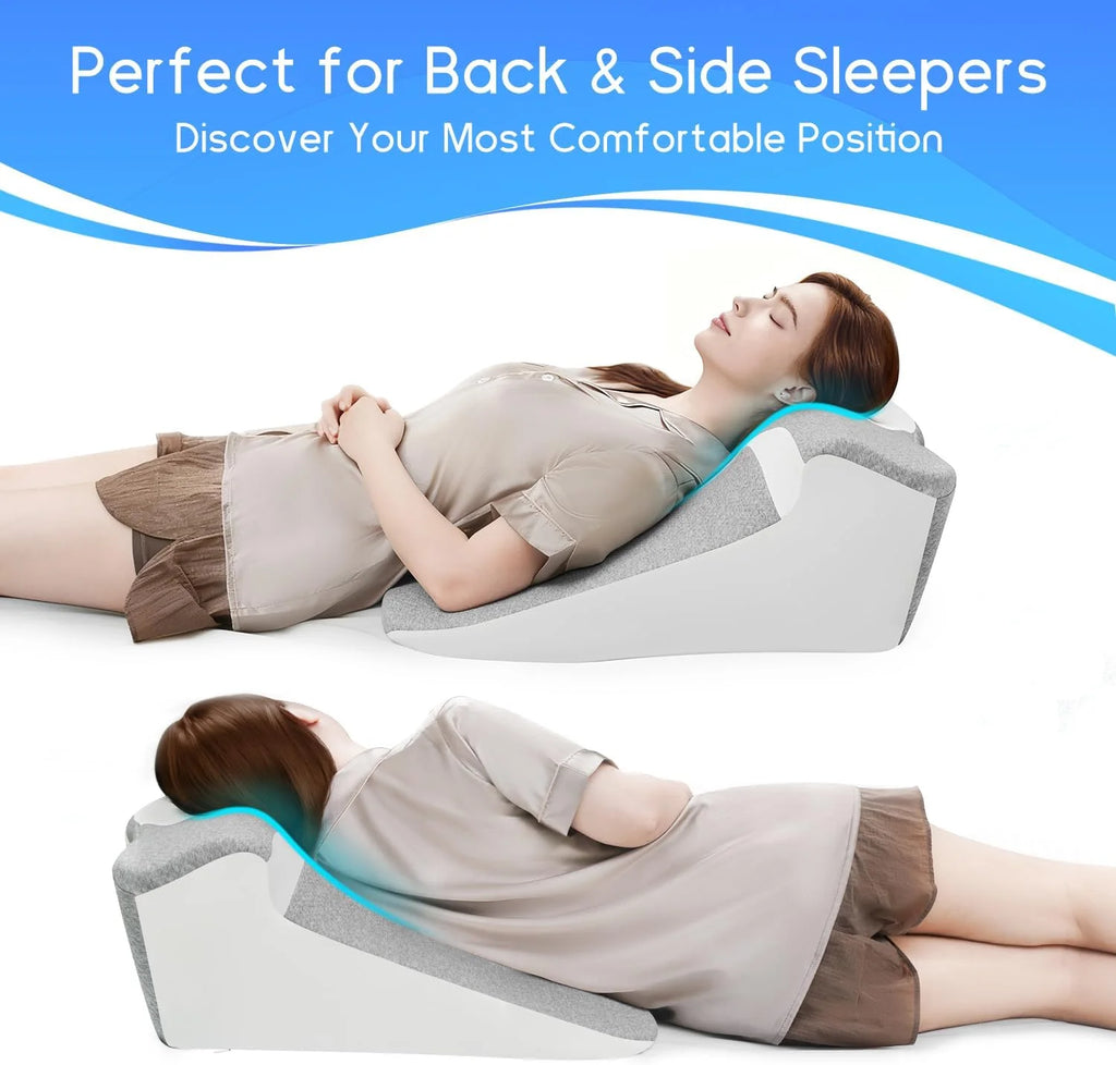Showlu Memory Foam Bed Wedge Pillow for acid reflux and reading, with contoured shape and soft fabric cover.