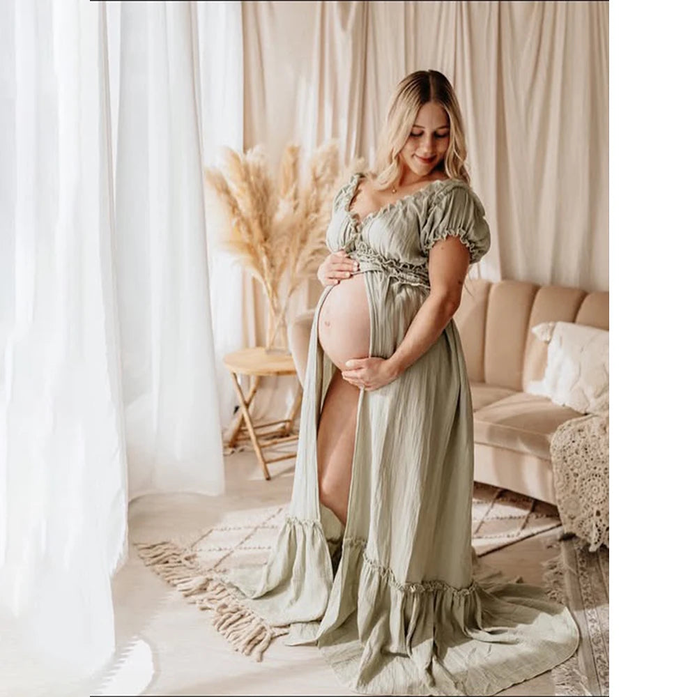 Bohemian maternity maxi gown by Showlu Fashion with off-shoulder ruffled design, perfect for maternity photoshoots and special occasions.
