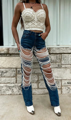 2024 women's large hole bead chain straight leg pants torn jeans black blue elastic fashionable slim fit denim pants