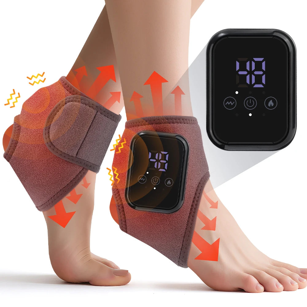 Electric heating foot massager with vibration, ankle brace support, and warm relief for joint pain and sprain recovery.