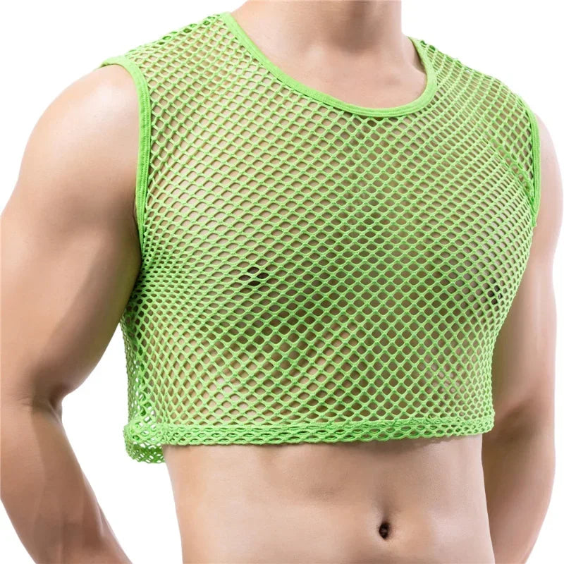 Men's transparent fishnet crop top by Showlu Fashion, featuring mesh hollow-out design, sleeveless tank, perfect for gym or nightclub wear.