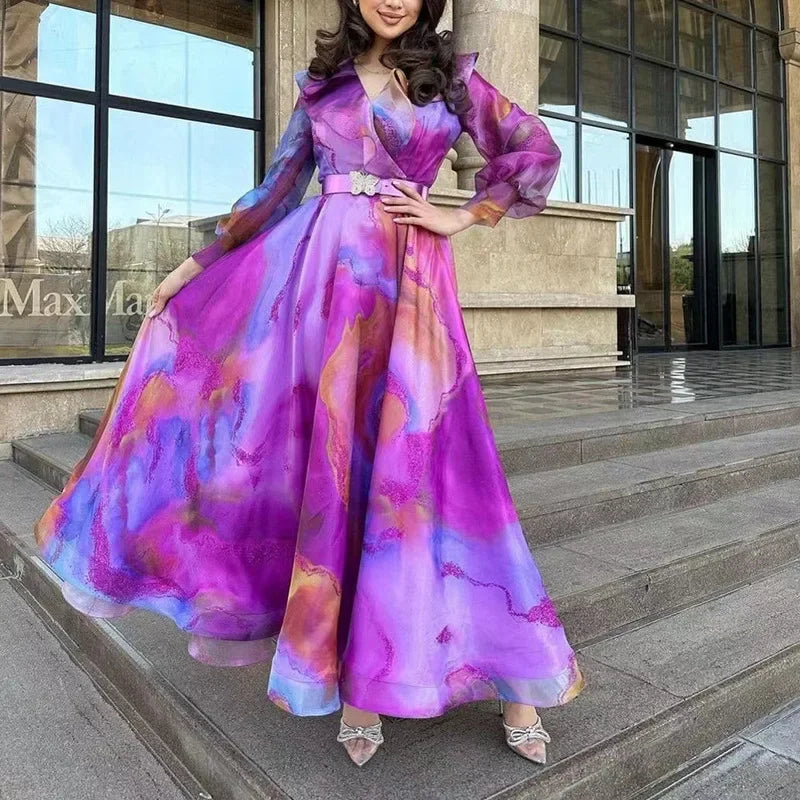 SHOWLU FASHION Women's Print A-Line Dress with long sleeves, suitable for office wear, featuring a stylish and versatile design.