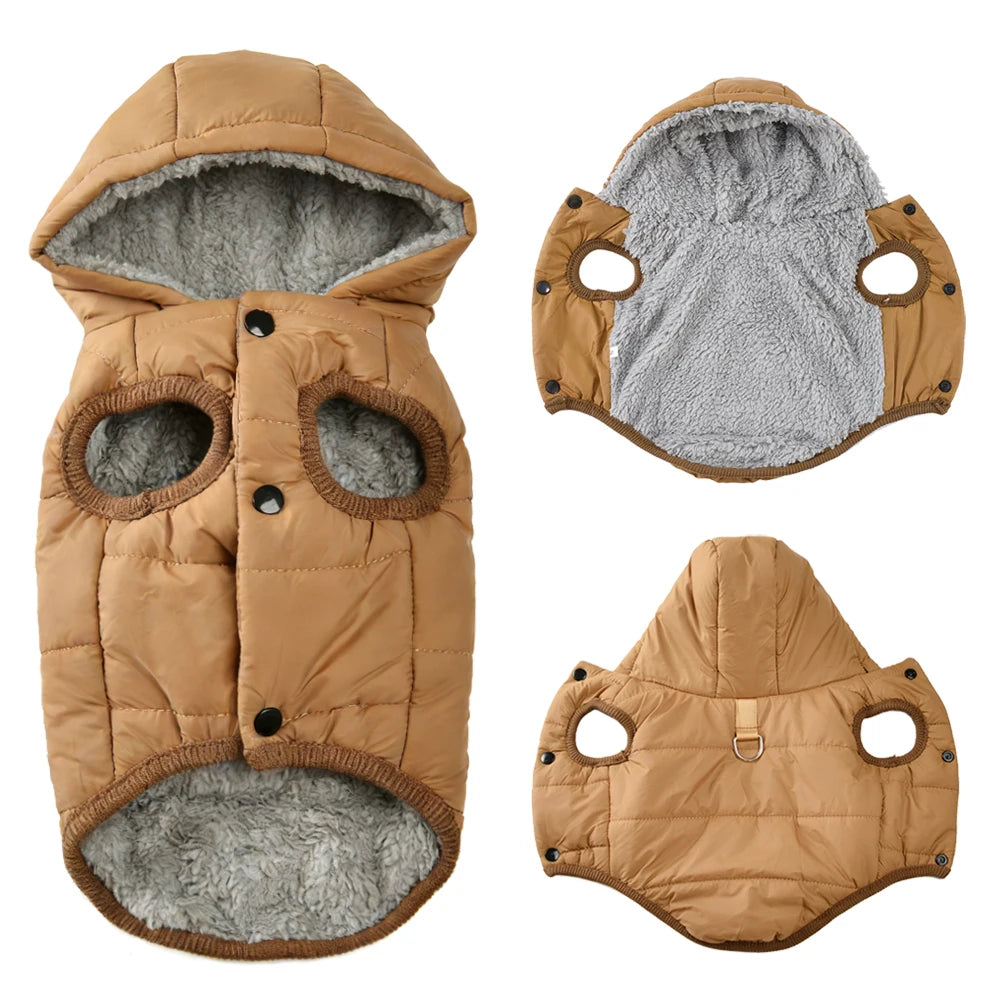 Warm fleece dog hoodie by Showlu Fashion Store with D-ring, perfect for small dogs' winter jackets and cozy outdoor walks.