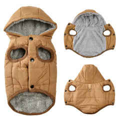 A coffee-colored, fleece-lined dog hoodie with a D-ring and snap-button closure.