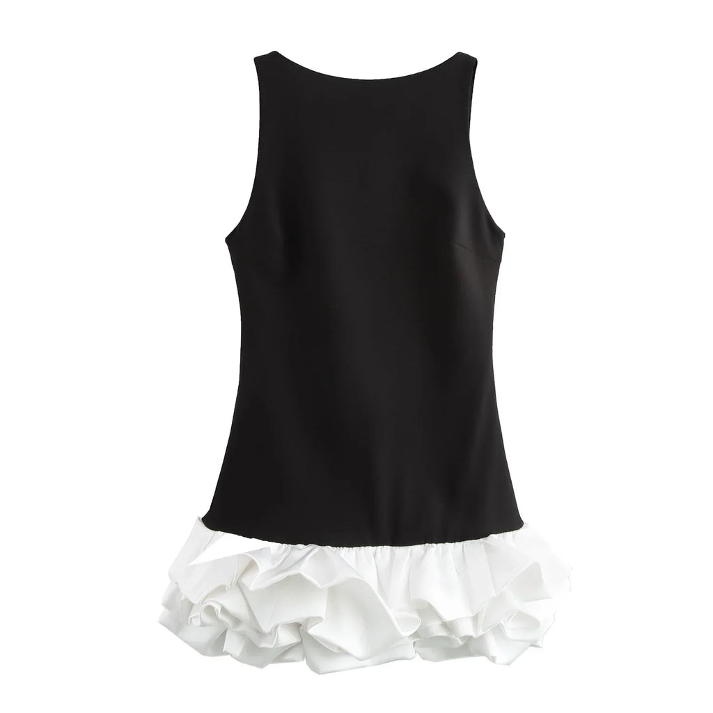 Red ruffled hem mini dress for women, sleeveless, backless, elegant o-neck design, perfect for evening parties and club wear.