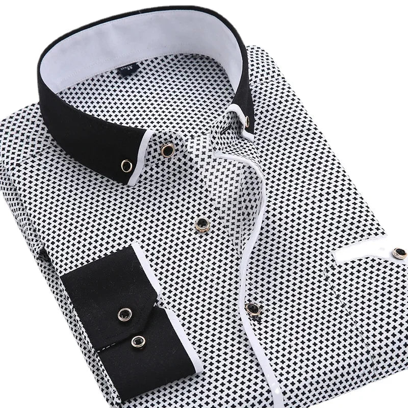 Black floral button-down men's shirt from Showlu Fashion, long sleeve, slim fit, casual high-quality dress shirt for men.