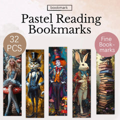 A set of thirty-two paper bookmarks featuring whimsical Alice in Wonderland character illustrations.