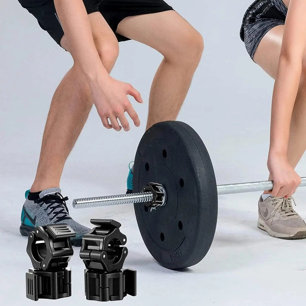Pair of Showlu Fashion Store quick release barbell clamps with spin lock for weightlifting and strength training.