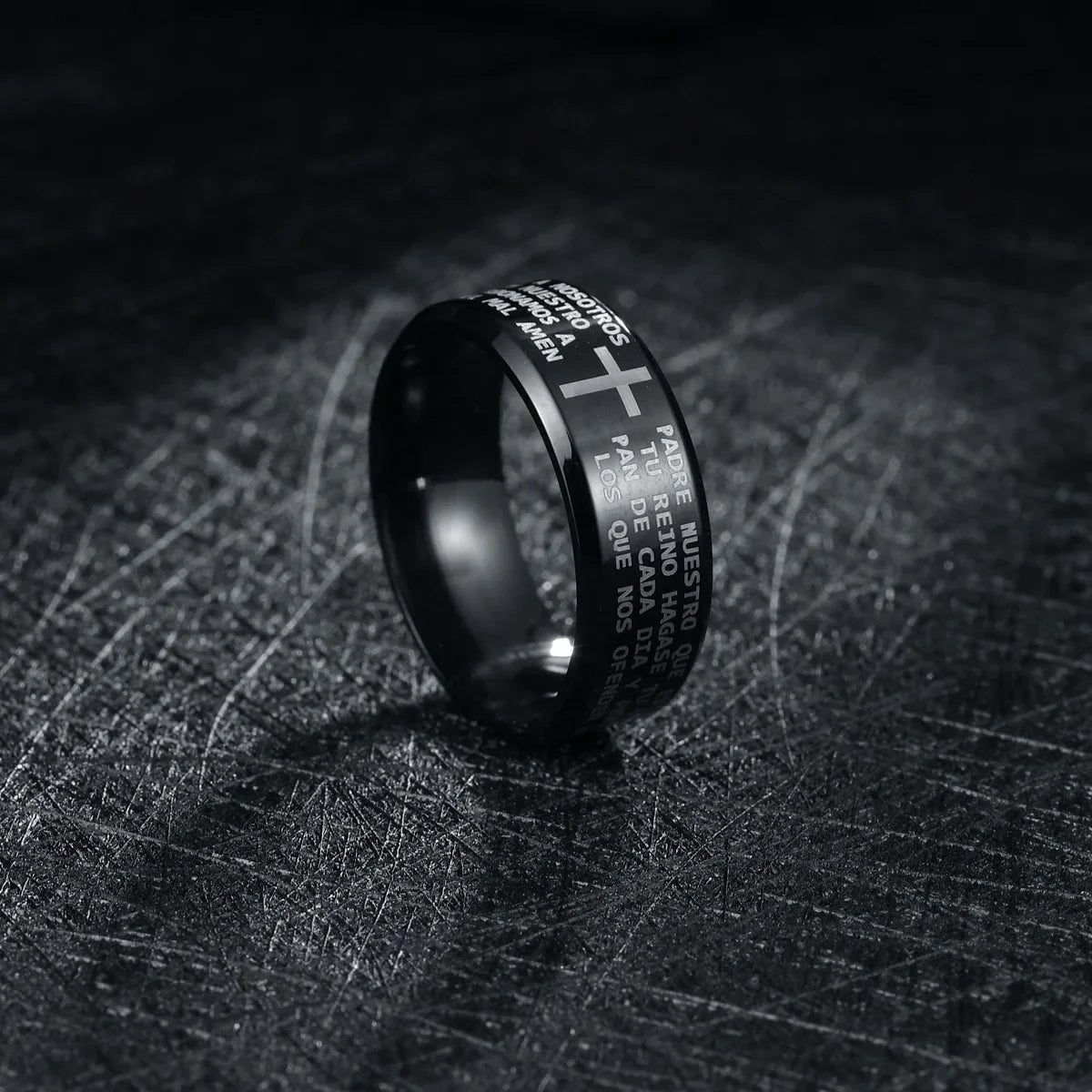 Mango Sky Titanium Steel Christian Cross Bible Ring, 8mm unisex band with engraved cross design, sleek and durable jewelry piece