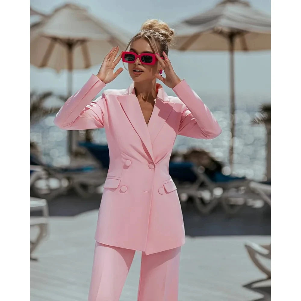 Pink Ladies Suits 2 Piece Elegant Double Breasted Peak Lapel Outfit Casual Slim Daily Prom Party Women Suits (Jacket+Pants)