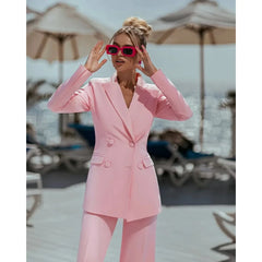 Pink Ladies Suits 2 Piece Elegant Double Breasted Peak Lapel Outfit Casual Slim Daily Prom Party Women Suits (Jacket+Pants)