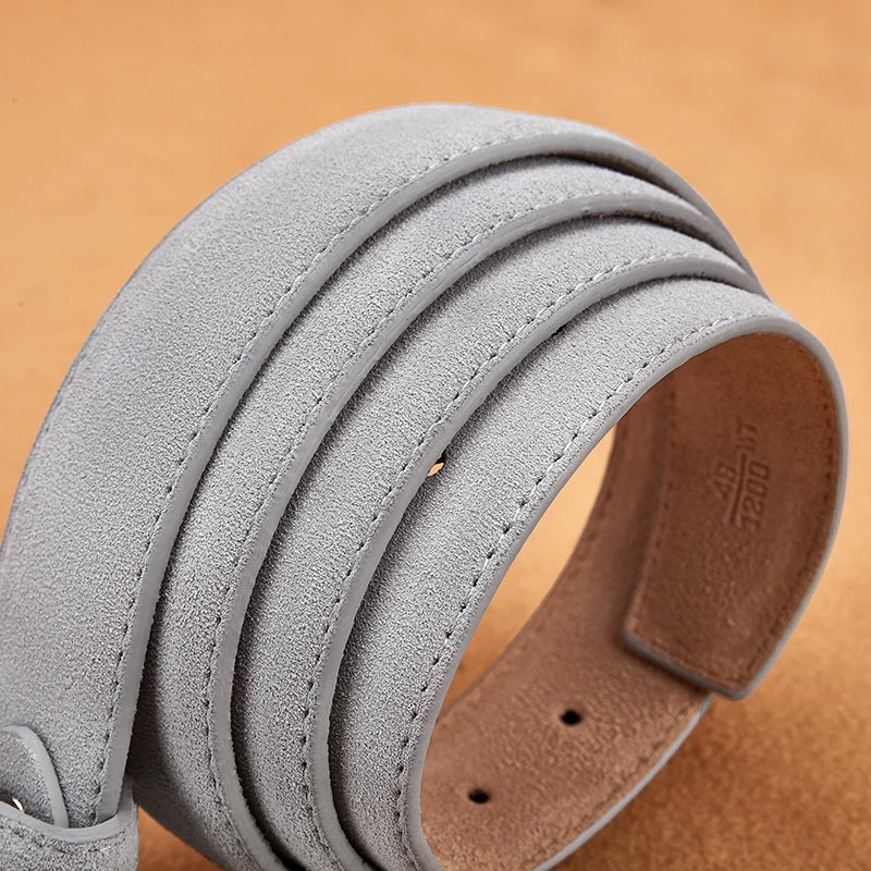 Blue gray Sude belt with cowskin genuine leather, Oxford fabric strap, luxury pin buckle for men and women.