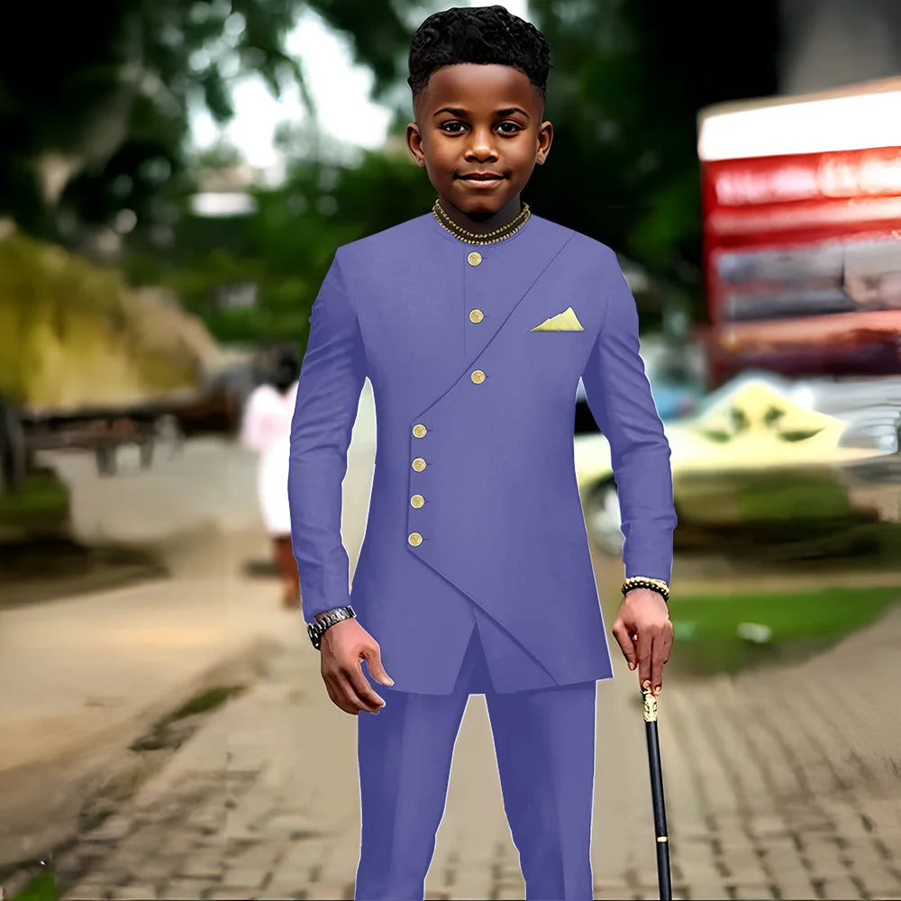 African boys' 2-piece suit jacket and pants set by Showlu Fashion Store, suitable for parties and weddings for ages 2-16.