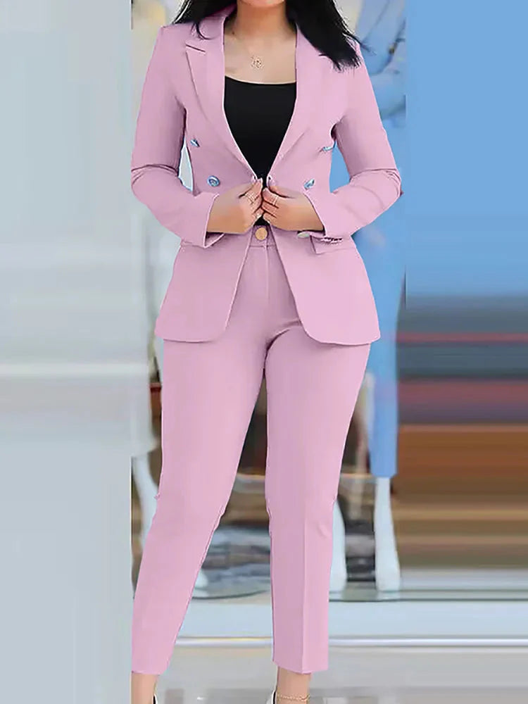Women's slim fit pant suit with solid cardigan and pencil pants by SHOWLU FASHION STORE, featuring a stylish professional look.