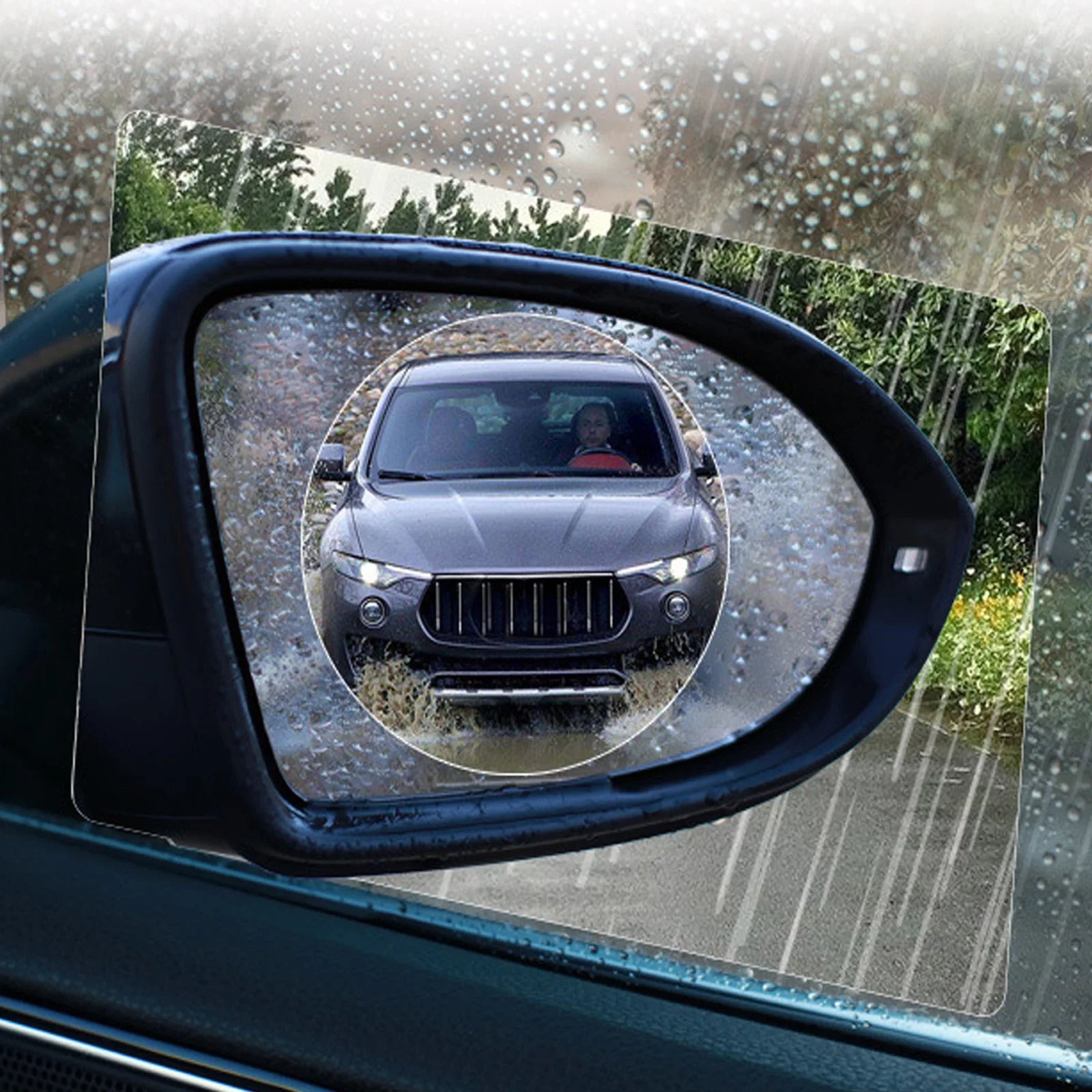 Showlu Smart General car rearview mirror anti-fog rainproof film set installed on a mirror to improve visibility in wet conditions.