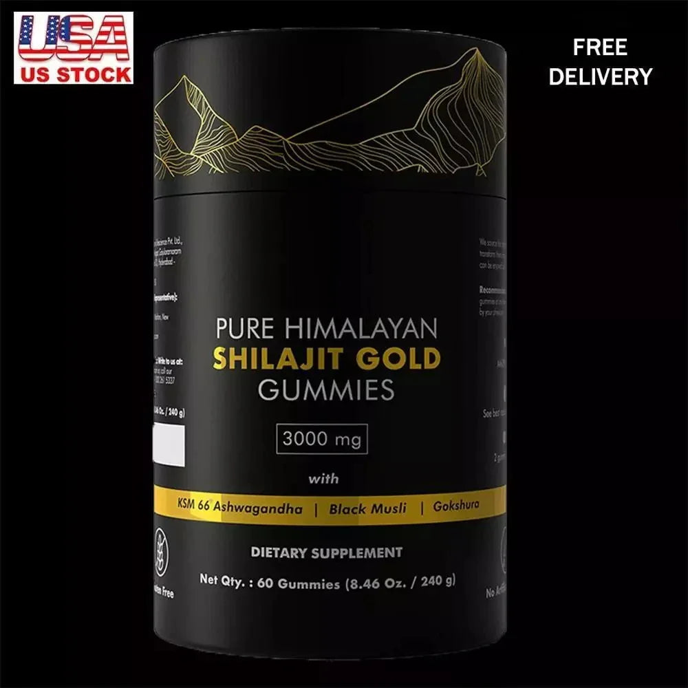 Bunkell Himalayan Shilajit Gummies with Ashwagandha and Gokshura, 3000mg, shown in a clear image highlighting the supplement bottle and gummies.