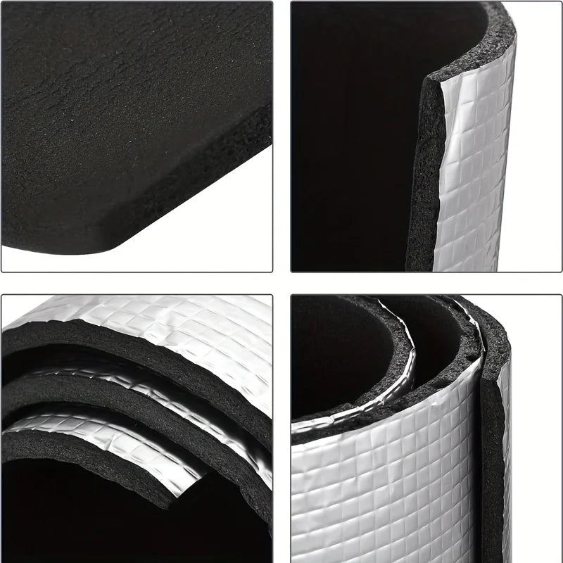 Self-adhesive aluminum foil insulation roll for soundproofing and heatproofing in RV vehicles, shown as a flexible reflective pad.