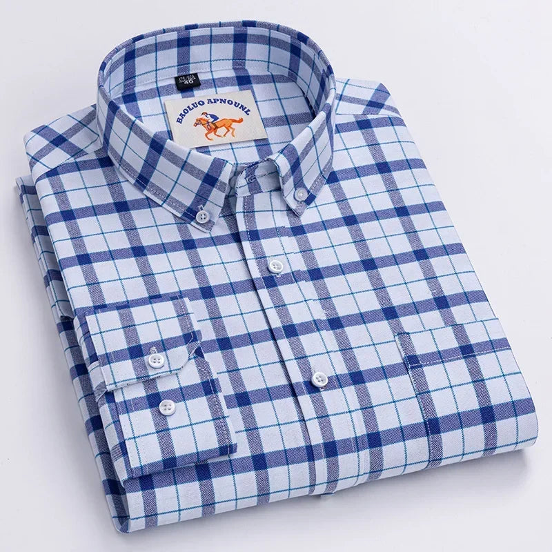 White men's cotton Oxford shirt with long sleeves and embroidered horse design, regular fit, fashion button dress shirt by Showlu Fashion
