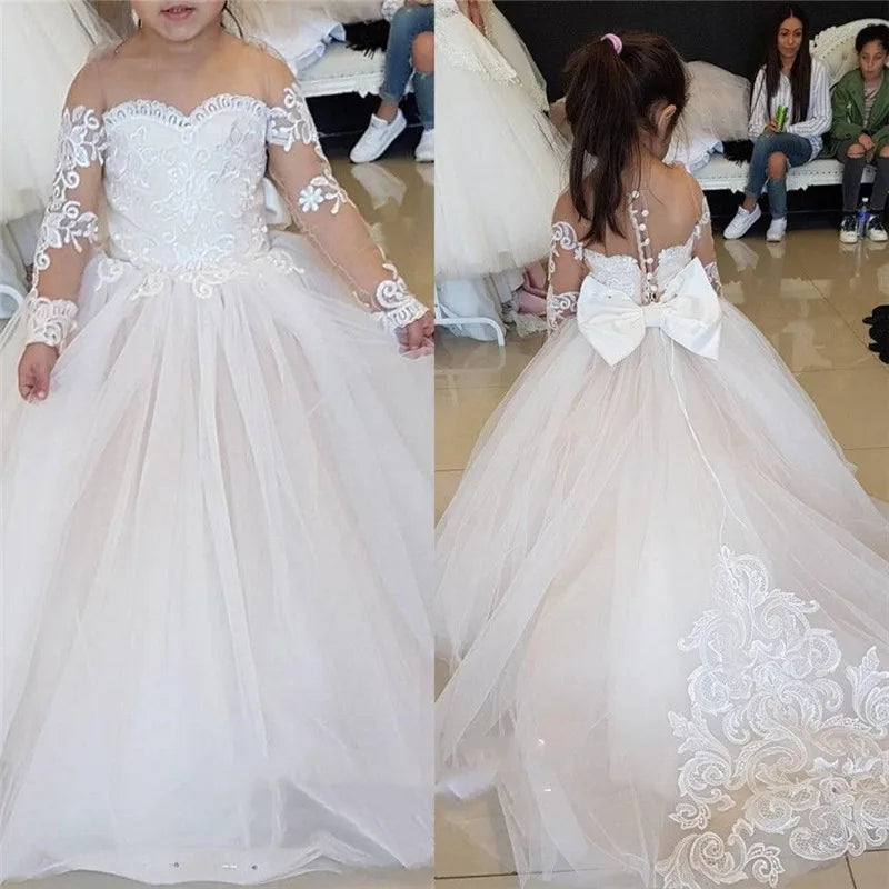 Lace champagne flower girl dress by Showlu Fashion Store featuring a ball gown style, floral details, and tulle tutu skirt.