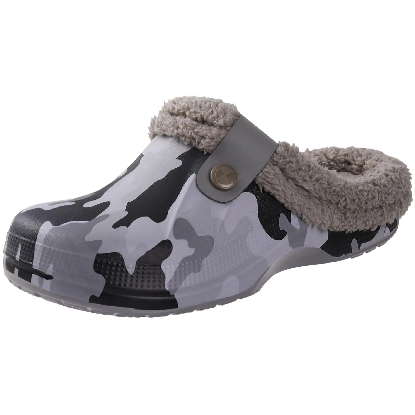 Shevalues fuzzy men's clogs slippers with winter fur, waterproof garden shoes, and anti-slip soles for warm indoor and outdoor wear