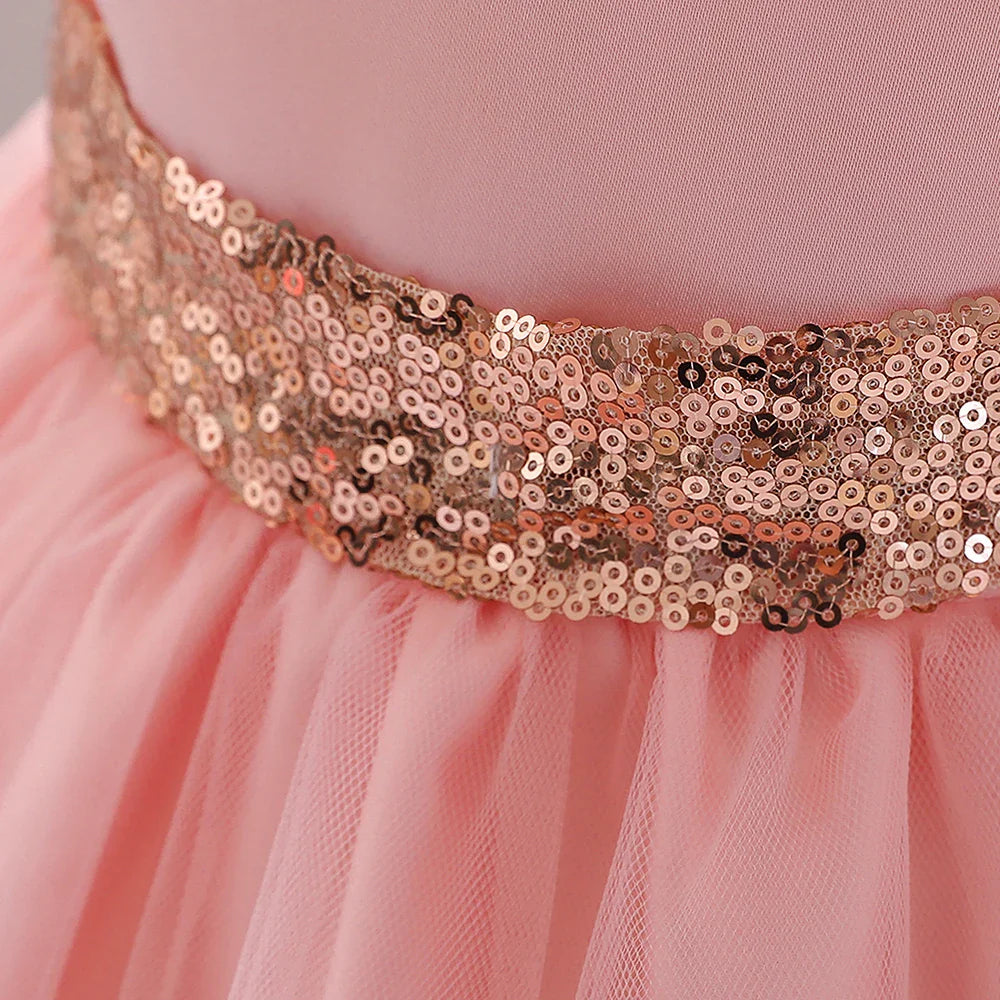 Baby girl sequin bow princess dress by SHOWLU FASHION STORE, featuring a sparkling gown for baptism or birthday celebrations.