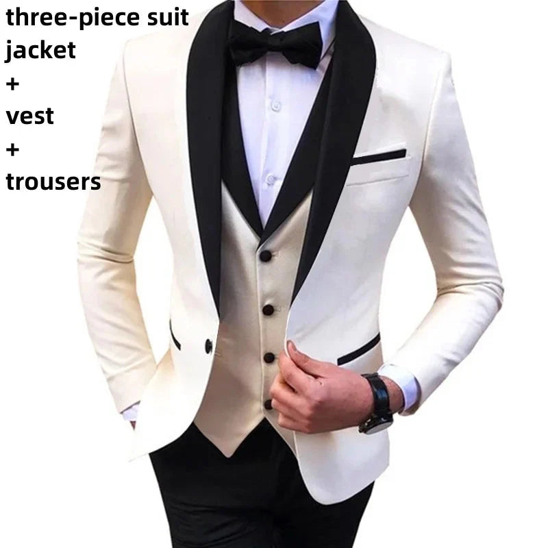 Men's black slim fit tuxedo suit with shawl lapel, 3-piece wedding set, shown on a mannequin with dress shirt and bow tie.