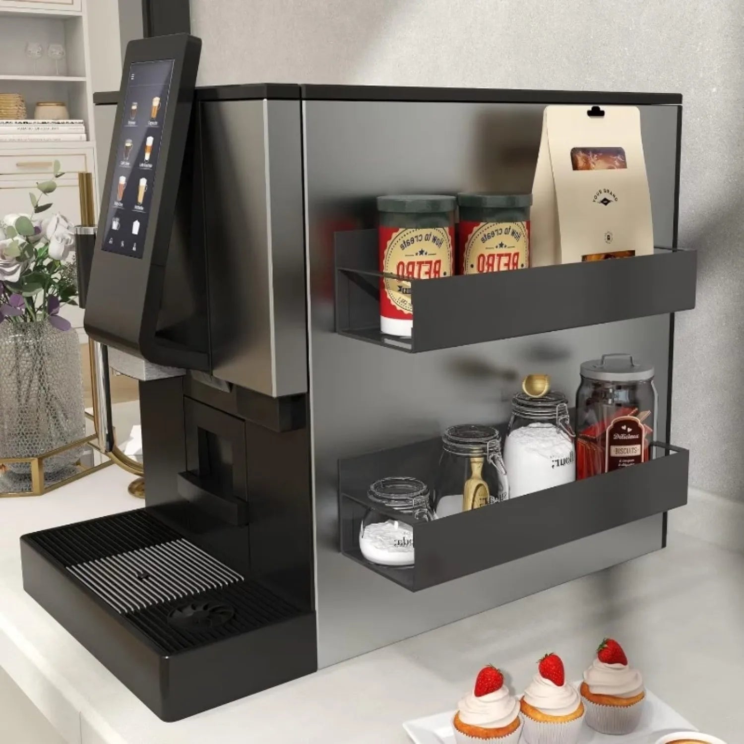 Magnetic fridge spice rack by Showlu Smart General holding various spice jars on a kitchen refrigerator door.