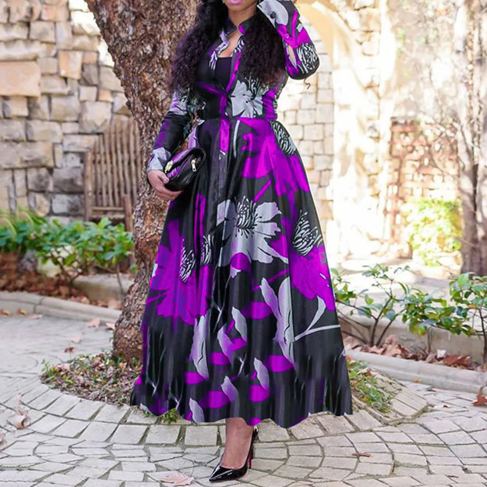 SHOWLU FASHION retro print maxi dress with slim V-neck, long sleeves, and A-line silhouette, perfect for stylish casual wear.