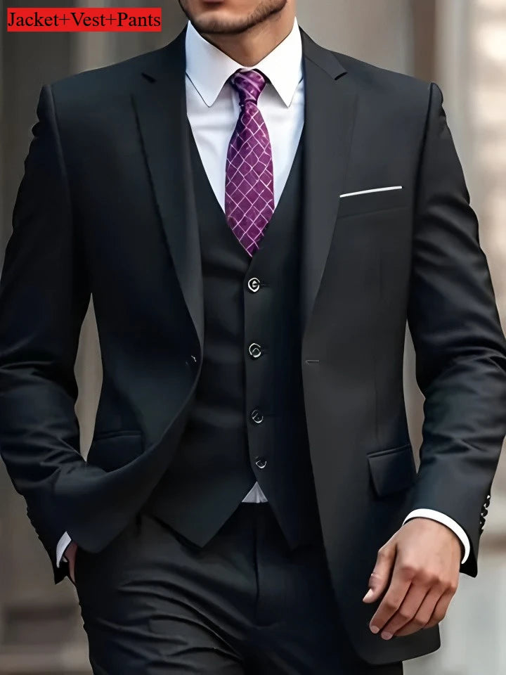 Elegant black men's slim fit tuxedo suit set for formal occasions and weddings, featuring a stylish tailored design.