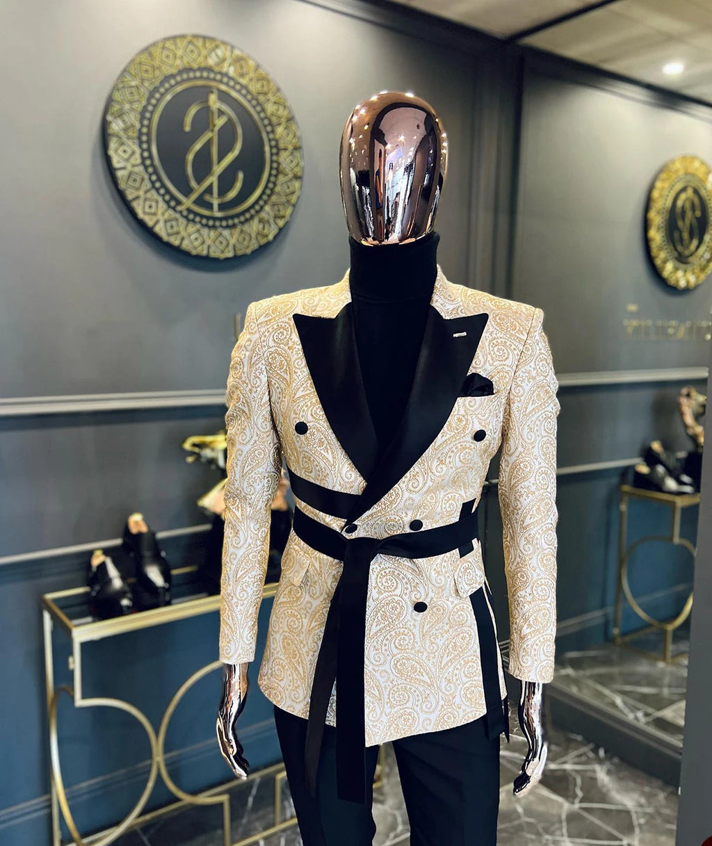 Designer Men Wedding  Blazer Floral Jacquard Coat Peaked Lapel Double Breasted For Male Prom Customize Only Jacket