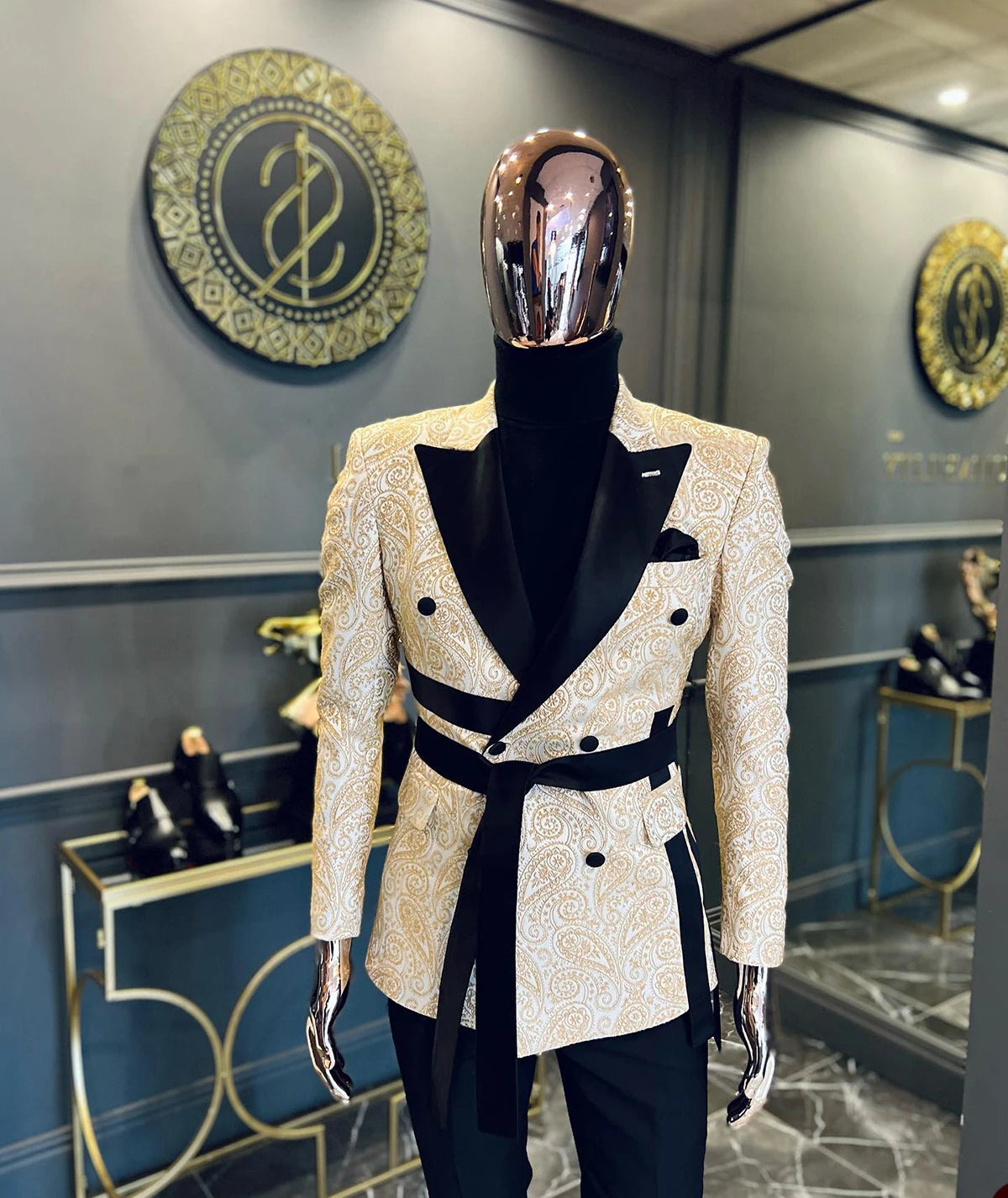 Designer Men Wedding  Blazer Floral Jacquard Coat Peaked Lapel Double Breasted For Male Prom Customize Only Jacket