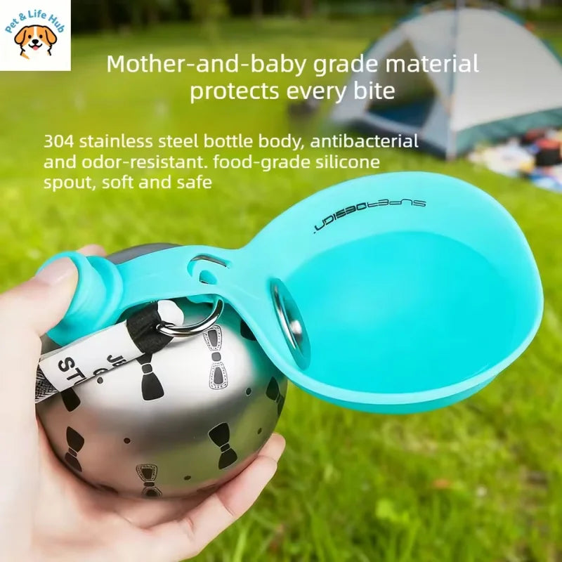 Showlu stainless steel dog water bottle with foldable silicone bowl, portable pet hydration accessory for outdoor walks.