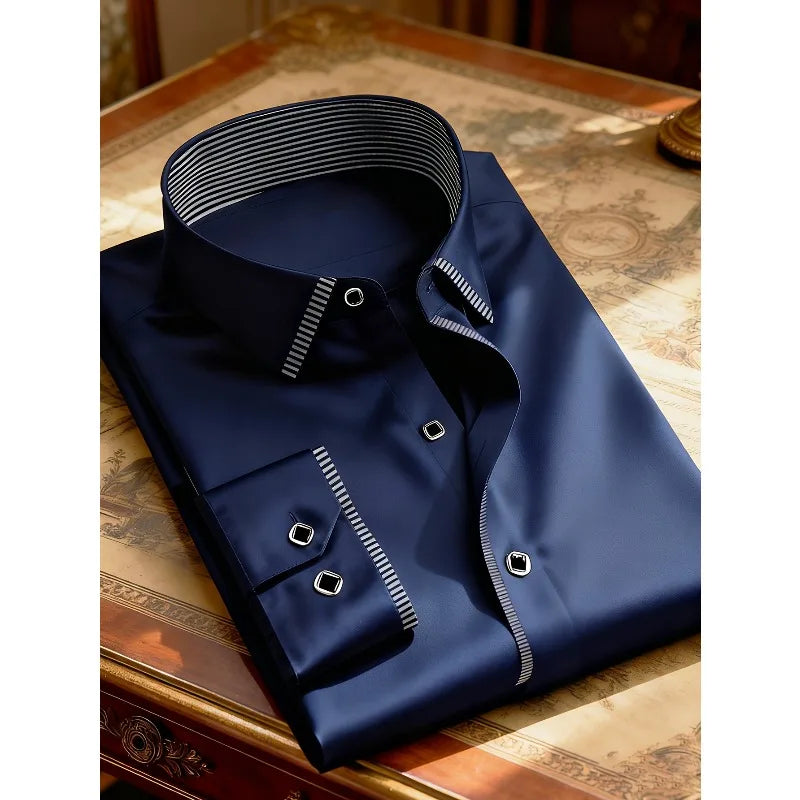 Men's patchwork long sleeve shirt from Showlu Fashion, featuring a smart casual tuxedo style with micro elastic fabric.