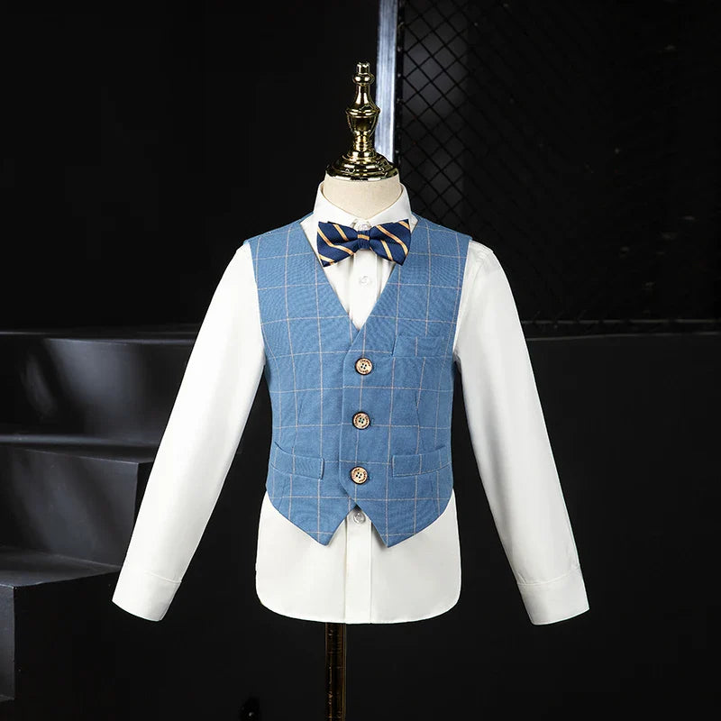 Kids formal tuxedo blazer set featuring a plaid wedding suit for boys by SHOWLU FASHION STORE, including a blazer and matching pants.