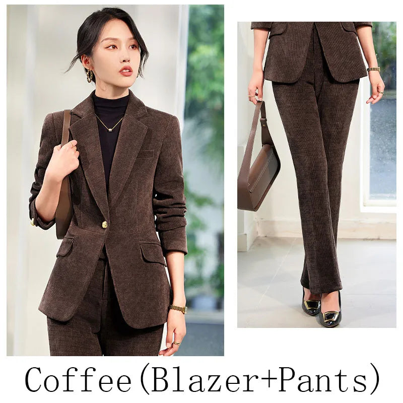 2024 Autumn New Corduroy Elegant Pant Suit Ladies Formal Business Work Wear 2 Piece Set Green Wine Jacket Blazer And Trouser