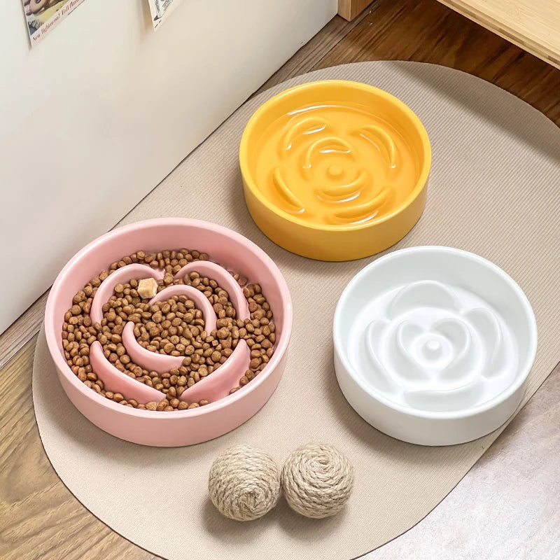 Ceramic pet slow food bowl for dogs and cats, anti-suffocation and overturning design, easy to clean feeding dish