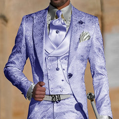 Jacquard men's 3-piece suit by Showlu Fashion featuring a formal tuxedo style with jacket pants and vest, slim fit for groom or party wear.