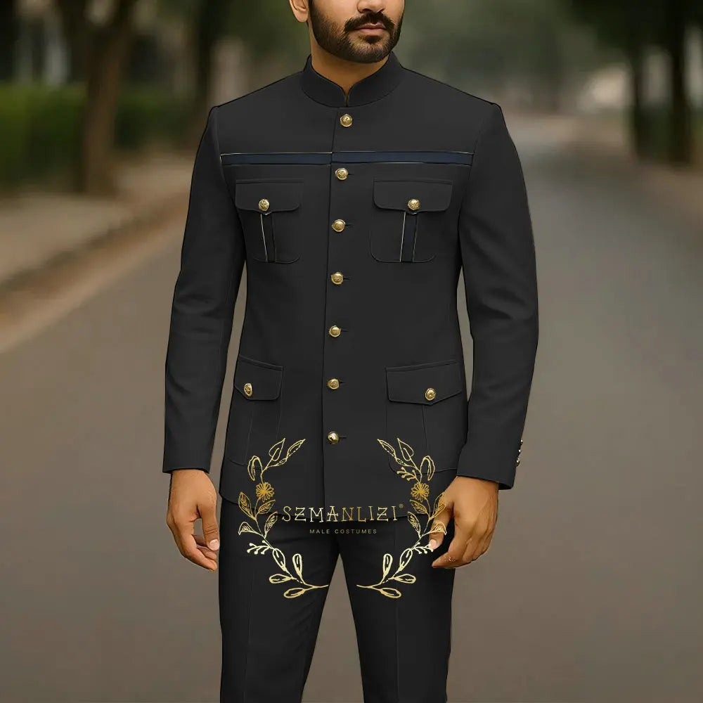 Elegant men's white single-breasted suit with stand collar, jacket and pants, ideal for business, wedding, or formal parties.