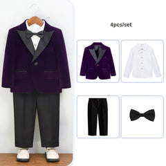 Autumn Boys Red Velvet Suit Set Children Birthday Party Wedding Host Piano Performance Costume Kids Blazer Pants Bowtie Outfit