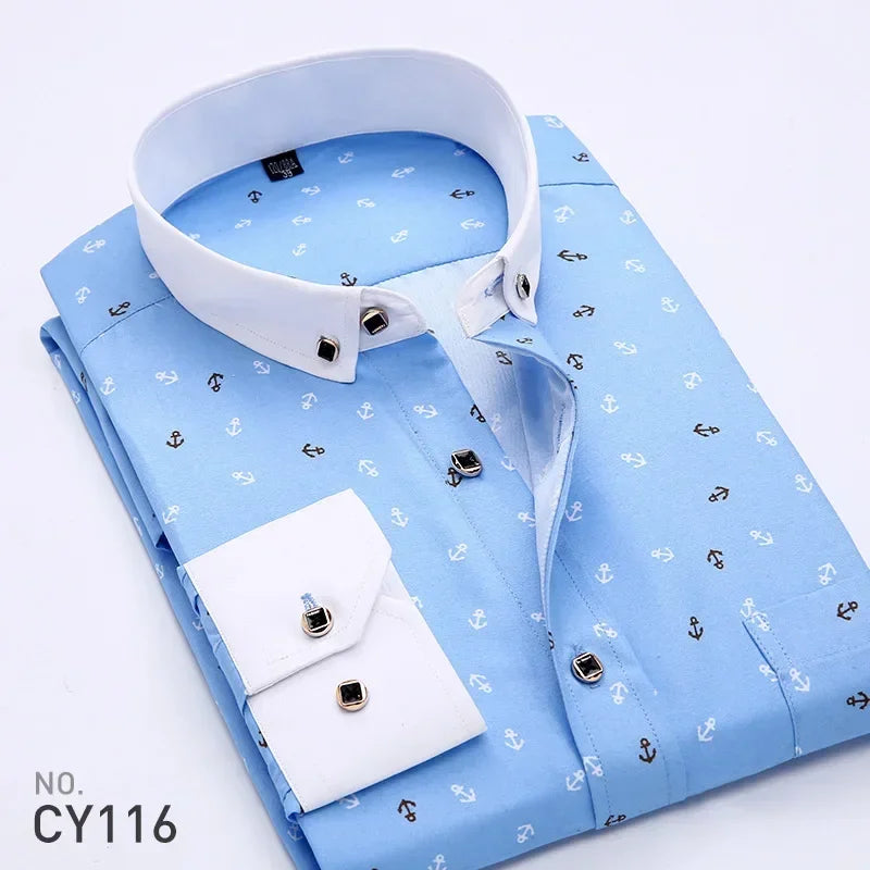 Men's slim fit plaid casual shirt with long sleeves, floral pattern, suitable for formal, business, and spring occasions.