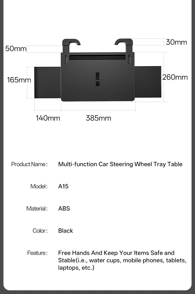 Showlu Smart General car steering wheel tray attached to steering wheel for convenient holding of items inside the vehicle.