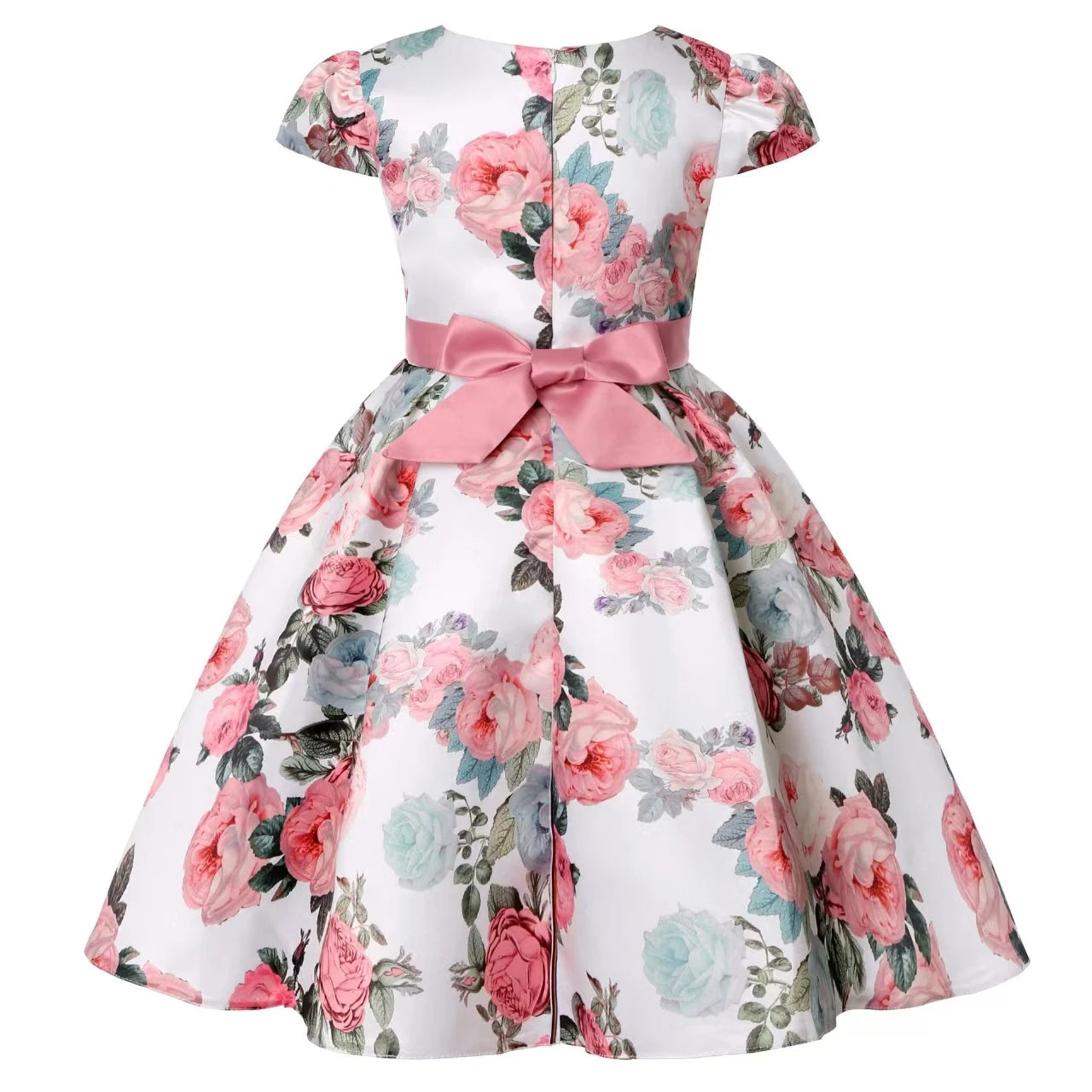 Girls' rose print dress by Showlu Fashion featuring a bow, perfect for holiday parties and performances.
