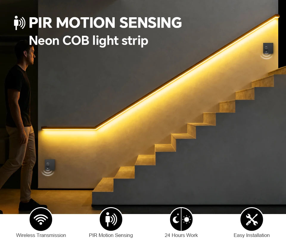 Showlu Smart COB Motion Sensor LED Strip Light Kit showing flexible LED strip with motion sensor for smart lighting.
