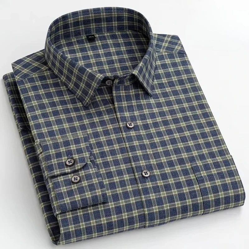 Men's slim fit long-sleeve cotton brushed plaid shirt with soft, casual striped design by Showlu Fashion Store.