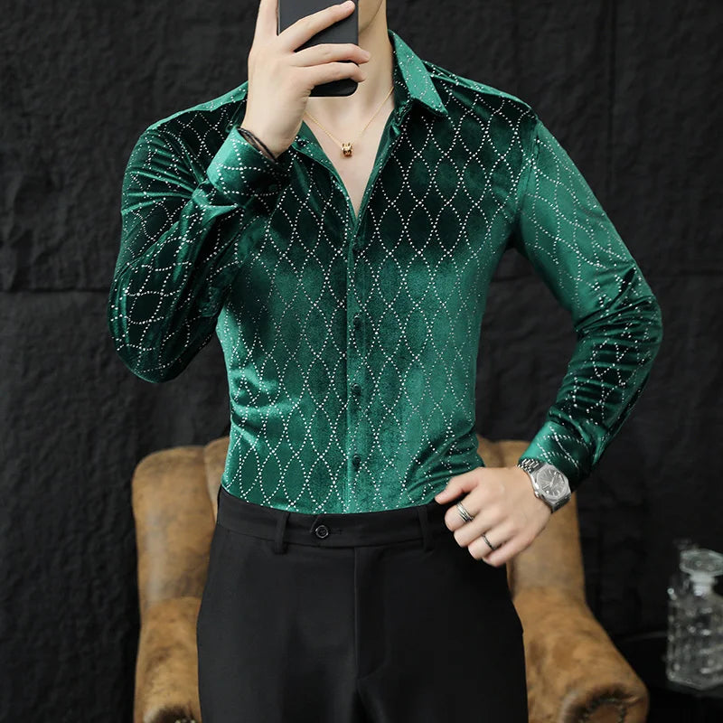 Luxury shiny plaid velvet men's long sleeve dress shirt, suitable for casual, party, or tuxedo wear in autumn and winter.