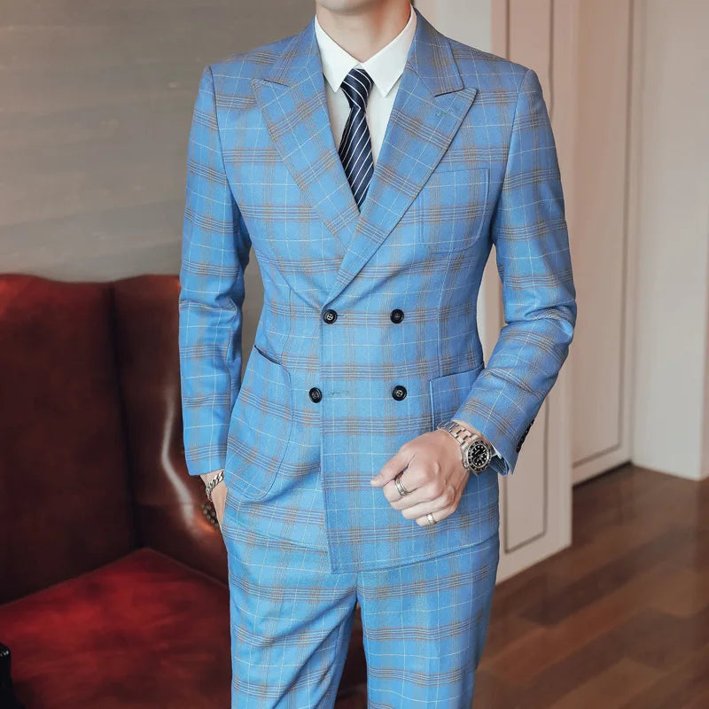 Men's British style plaid three-piece slim fit business suit by Showlu Fashion with jacket, vest, and trousers in classic pattern