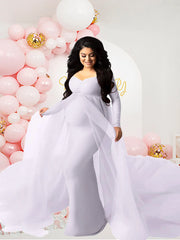 Maternity Long Sleeves Floor Length Mesh Dress Pregnant Dress With Long Train For Shooting Baby Baptism Party